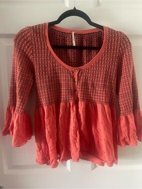 Free People Coral Knit-and-Woven Peplum Cardigan Top